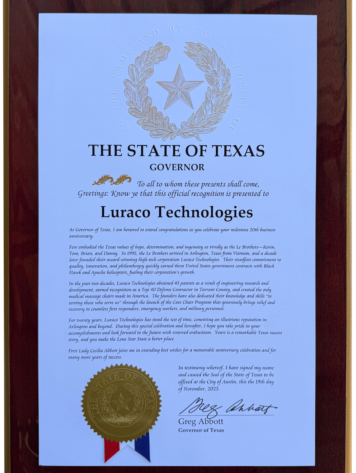 Governor Greg Abbott Recognition To Luraco