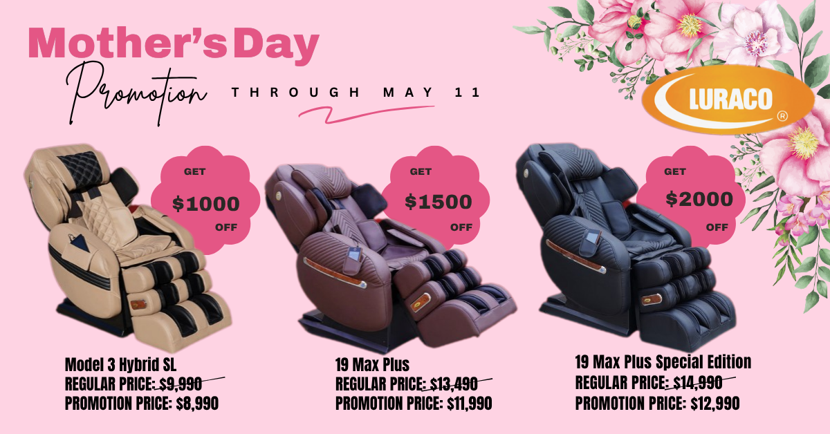 Three massage chairs on a pink Mother’s Day promo banner: Model 3 Hybrid SL promo $8,990; 19 Max Plus $11,990; 19 Max Plus Special Edition $12,990, with LURACO logo on floral corner.