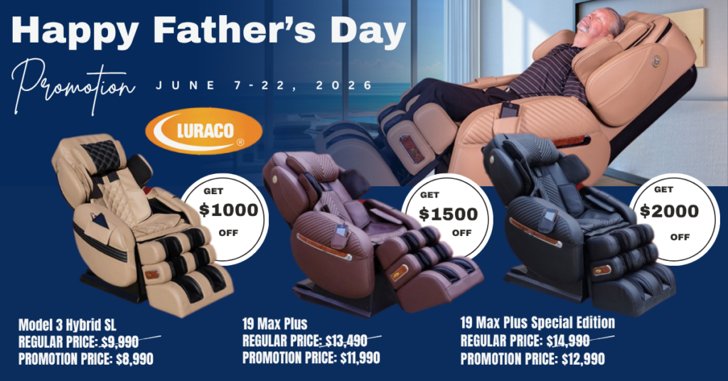 Father's Day promotion banner showing three LURACO massage chairs with $1000, $1500, and $2000 off badges