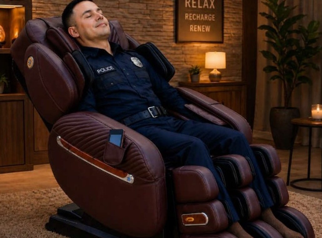 Police officer relaxing in a Luraco medical massage chair in a department wellness room